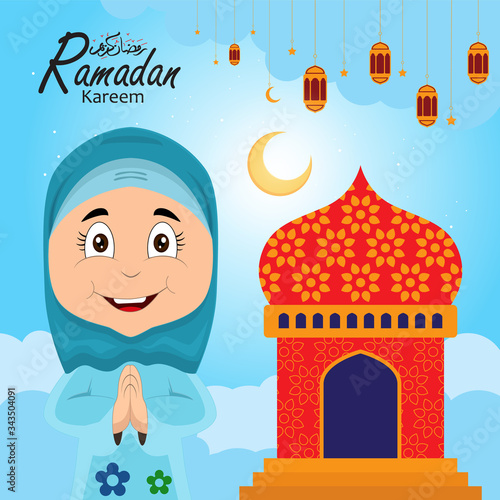 ramadan greeting card design with ramadan kareem cartoon character. Translated: Happy & Holy Ramadan. Month of fasting for Muslims. Arabic Calligraphy.