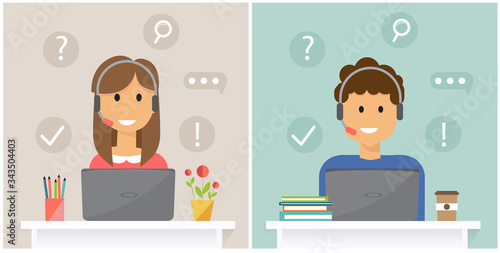 Woman and man operator of call center office with laptop working in headphones. Customer service, answer questions and find solution. Illustration vector.