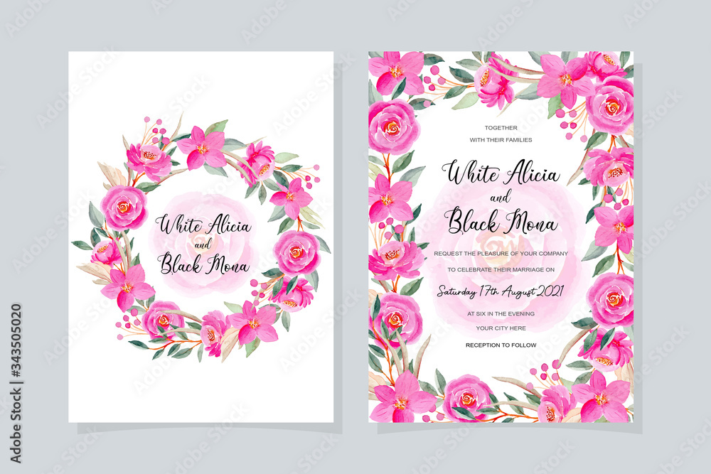 pink floral wedding invitation card with watercolor