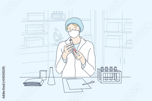 Science, coronavirus, chemistry, medical vaccine concept. Young woman doctor worker in medical face mask creates vaccine from COVID19. Scientific test academic research 2019ncov infection illustration