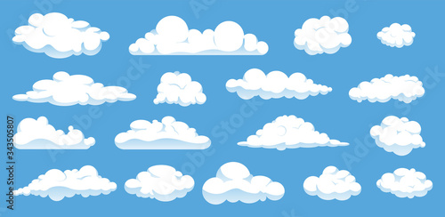 Set of different cartoon clouds isolated on blue sky.