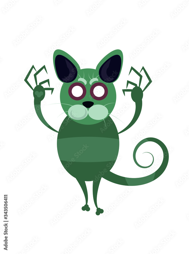 Fototapeta premium Walking Dead Animals - a green cat with white empty eyes, big nails on its paws and curly tail. Isolated white background.