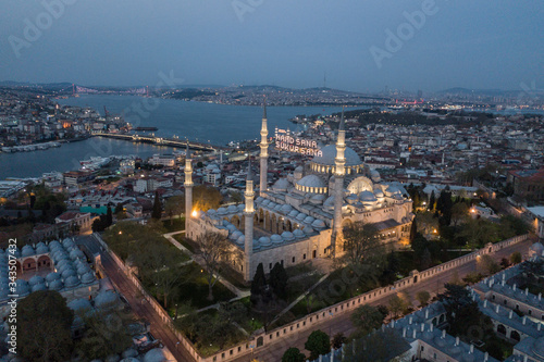 Aerial view of Suleymaniye Mosque on Ramadan time in Istanbul.