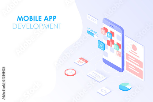 Mobile app development and web design isometric concept. App testing and layered user interface on smartphone screen for web banner background.