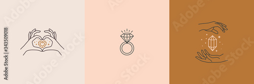 Set of jewelry logo design templates in trendy linear and minimal style. Vector emblems