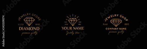Set of gold jewelry logo design templates in trendy linear and minimal style. Vector emblems