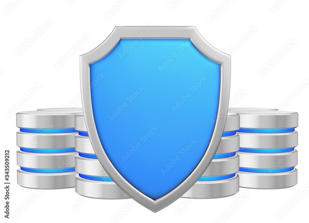 Data bases group behind metal blue shield data protection concep Data bases group behind metal blue shield data protection concep