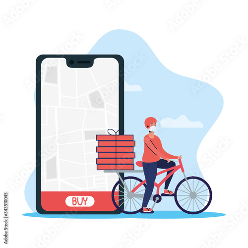 delivery worker using face mask in bicycle with smartphone