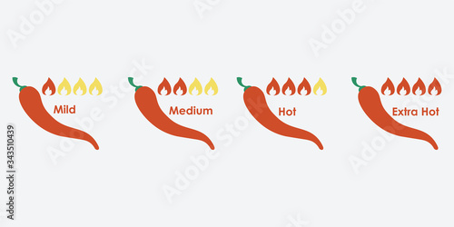 Hot red pepper strength scale indicator with mild, medium, hot and extra hot positions. Vector spicy food level icons, jalapeno and tabasco pepper fire flame. Vector illustration.