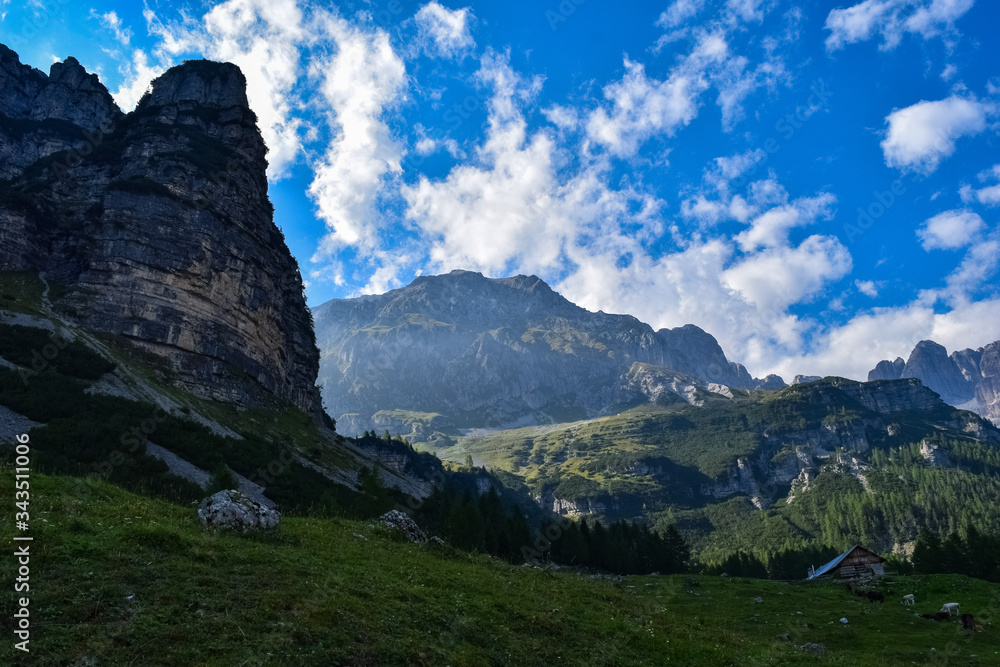 Fototapeta premium Amazing view of a rock in the Italian Dolomites Alps region of Adamello Brenta, Trentino mountains