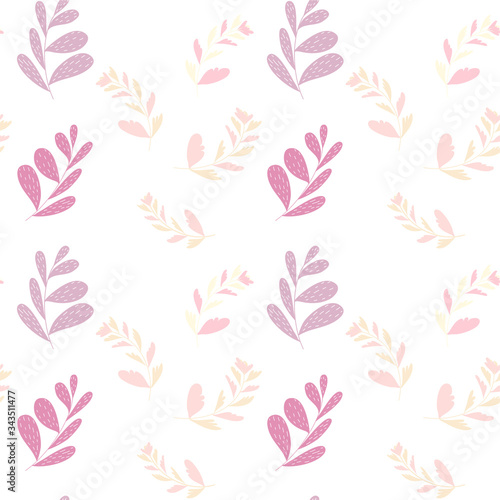 fabric seamless pattern leaves and twigs in pastel colors. for the design of children's clothing. printing on wrapping paper, materials, design of wallpaper, notebooks. doodle. pink cute wallpaper