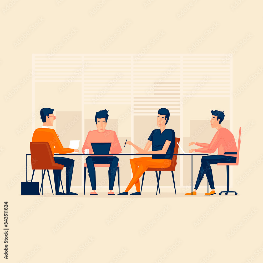 Teamwork, office life, people are sitting at computers. Business. Flat style vector illustration.