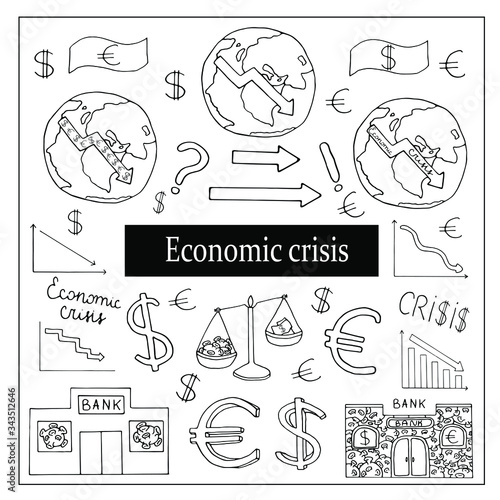 Economic crisis set in doodle style. Symbols of business are euro, dollar, charts, banks. Vector illustration.