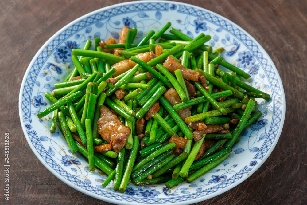 Stir-fried pork with garlic sprouts, Chinese Food