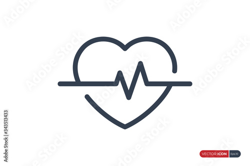 Heartbeat Icon Linear Style, Pulse Wave ECG Cardiograph symbol isolated on White Background. Usable for Healthcare and Medical Graphic Resources. Flat Vector Illustration.