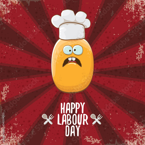 International workers day or 1 may labour day greeting card with funny cartoon tiny brown smiling chef potato with chef hat isolated on red background with rays. May day poster design template