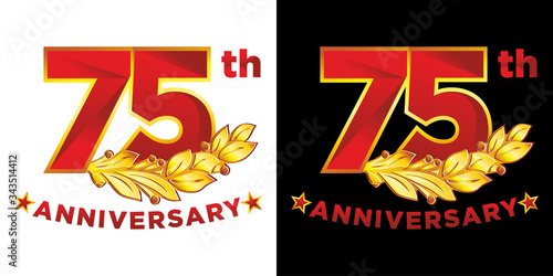75th anniversary - strict style red with gold logo for memorable date, event, celebration, greeting card, invitation. Golden laurel branch, stars. Illustration, vector