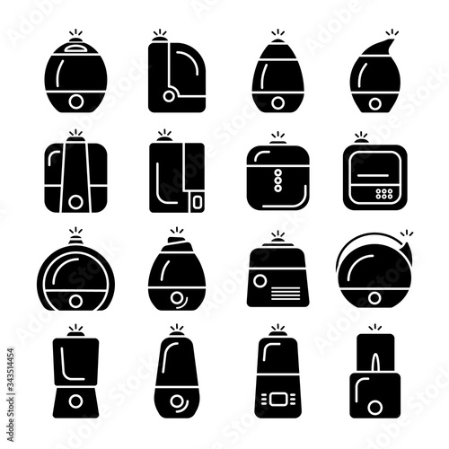 Set of black humidifier air diffuser icons isolated on white background. Purifier microclimate ultrasonic home flat vector illustration. Healthy humidity.