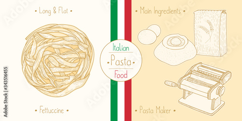 Cooking italian food Fettuccine Pasta, ingredients and equipment