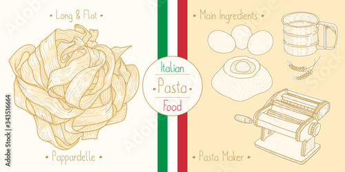 Cooking italian food Pappardelle Pasta, ingredients and equipment
