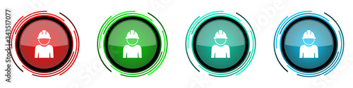 Engineer round glossy vector icons, worker, manager, employe set of buttons for webdesign, internet and mobile phone applications in four colors options isolated on white background