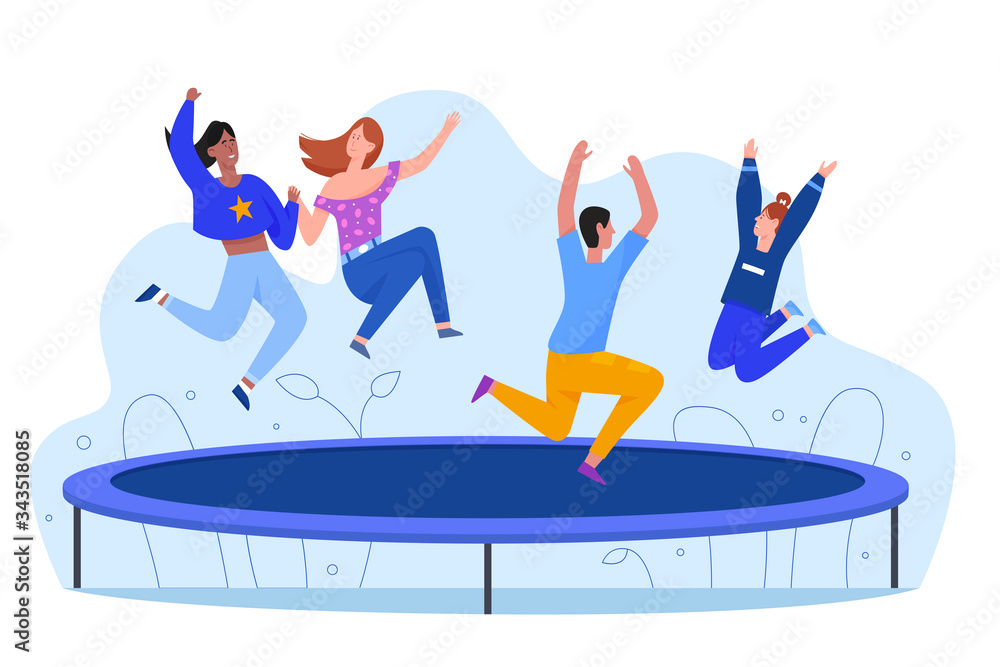 Happy young people at trampoline character flat vector illustration, active rest, lifestyle concept. Friends jump and bounce at entertainment outdoor. Sport training, leisure industry, free time