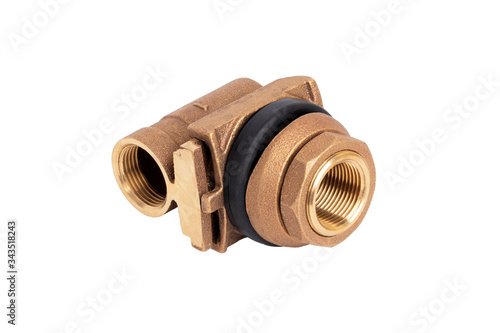 Adapter for the well on a white background. Brass adapter with inlet, threaded outlet and rubber o-ring.