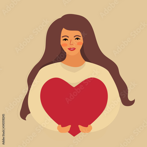 Love yourself, girl hugs heart. Narcissistic, self-confident people, increase self-esteem. Valentine's day, in love. Vector illustration