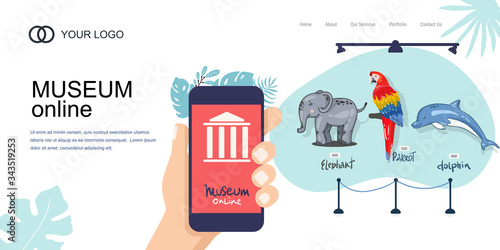 Landing Page Template. museum of nature online. zoo with animals. Elephant, parrot, dolphin. Online Tours Vector flat concept. Interactive museum exhibition. Virtual Museum online. phone in hand