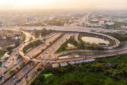 Bangkok,Thailand-February 09,2020 : aerial view of highway at sunrise with PM2.5 in the air.
