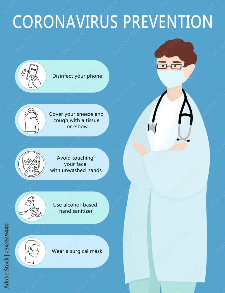 Vertical poster showing measures to prevent coronavirus infection. Male doctor in mask talks about rules of prevention covid-19. Infographics for hospitals, public places. Vector flat illustration. Vertical poster showing measures to prevent coronavirus infection. Male doctor in mask talks about rules of prevention covid-19. Infographics for hospitals, public places. Vector flat illustration.