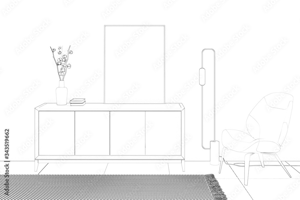 Fototapeta premium Sketch of the interior of a room with a vertical poster on a commode, cotton branches in a vase, a floor lamp, and a modern armchair. Front view. Mock up. 3d render