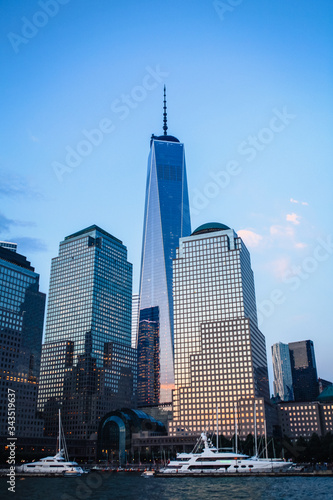 New York City  USA  One World Trade Center building. Cruise ship leaving Palm Beach  Florida  USA. Travel Editorial Illustrative Image
