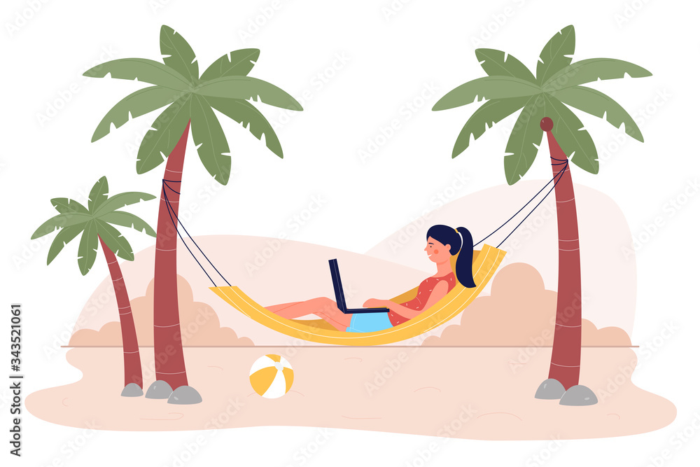 Young woman freelancer working on laptop lying in hammock at beach resort on tropical island isolated on white background. Lounging female character relaxing, vacation rest.