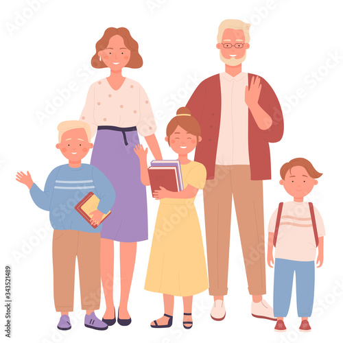 Cute happy big family character flat vector illustration  time together concept. Smiling father  mother  sons and daughter stand and waving hands. Portrait of large traditional heterosexual family