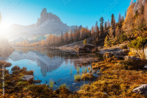 The beautiful nature landscape. Great view on Federa Lake early in the morning. The Federa lake with the Dolomites peak, Cortina D'Ampezzo, South Tyrol, Dolomites, Italy. popular travel locations.