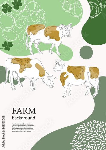 Cows are drawn in one line. Sample brochure. Agricultural background.