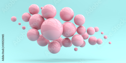 Fototapeta Naklejka Na Ścianę i Meble -  A lot of shiny pink spheres on a blue background. 3d render illustration for advertising.