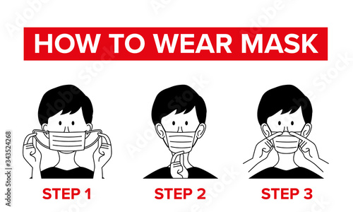 How to wear a mask correct. Man presenting the correct method of wearing a mask, To reduce the spread of germs, viruses and bacteria. Vector illustration
