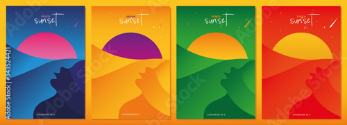 Set of vector illustrations, inspired by the disco music of the 80s, 3d background, neon, sunsets abstraction.