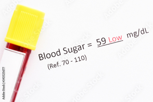 Blood sample tube with abnormal low blood sugar test result