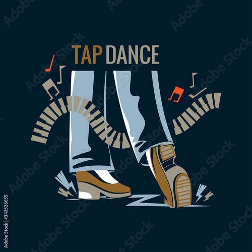 Man performing a tap dance in a spotlight and music instrument background