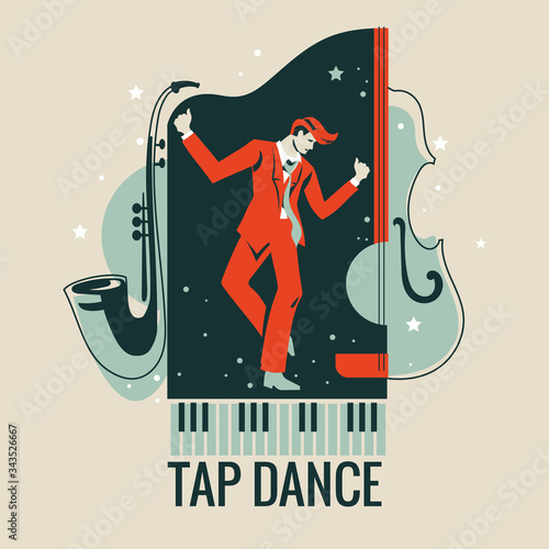 Canvas Print Man performing a tap dance in a spotlight and music instrument background