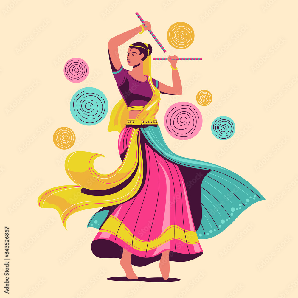 Vector design of woman playing garba dance for Dussehra Dandiya night during Navratri