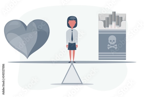 Heart and cigarette on seesaw. No smoke concept. Vector flat design illustration.