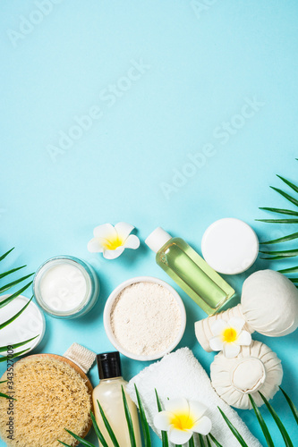 Spa treatment Flat lay background on blue.