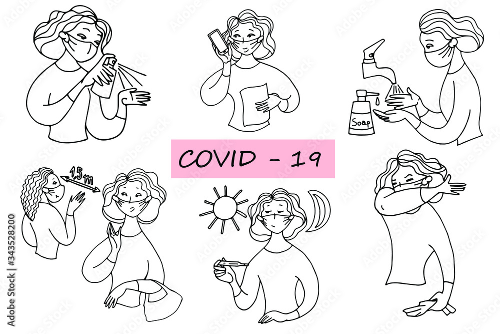 Girl shows rules of conduct during a pandemic, black and white image, vector illustration, doodle Girl shows rules of conduct during a pandemic, black and white image, vector illustration, doodle