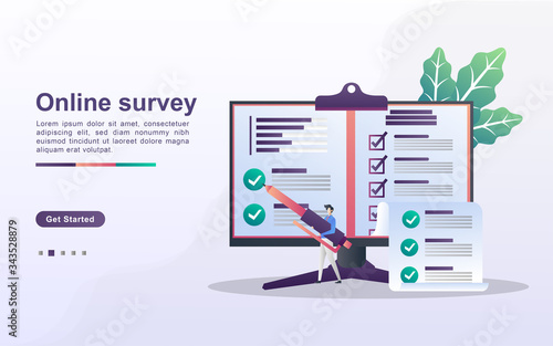 Online Survey concept. People answer online survey questions, Survey Research, online exam, questionnaire form, internet quiz.. Can use for web landing page, banner, mobile app. Flat design vector