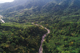 Deep waterfall river mountain green forest aerial view