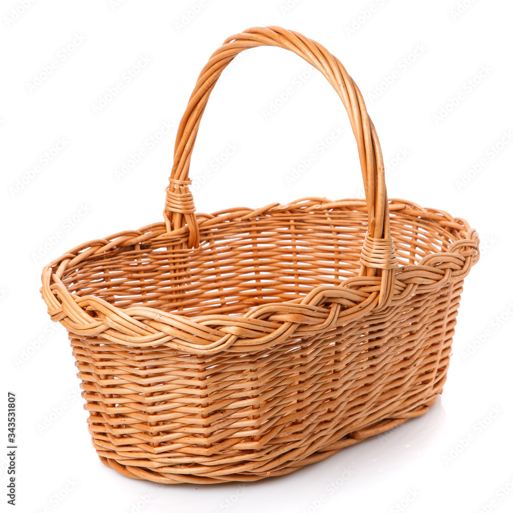 Big square brown wicker basket on a white background.